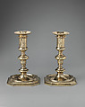 Pair of candlesticks (part of a toilet service), William Fowle (1658–1684, active 1681–84), Silver gilt, British, London