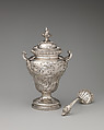 Tea caddy with spoon (one of a set of three), John Swift (British, active from 1728), Silver, British, London