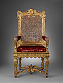 Armchair, Carved and gilded walnut, caning; velvet, French