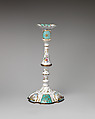 Pair of candlesticks, image of hunter with dog on base of candlesticks published by Robert Sayer (British, Sunderland 1725–1794 Bath), Enamel, British, possibly South Staffordshire