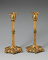 Large candlestick (one of a pair, part of a set), Asprey (British, founded 1781), Gilt bronze, malachite, British, London