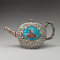 Teapot with portrait of Frederick the Great of Prussia (1712–1786), Salt-glazed stoneware with enamel decoration, British, Staffordshire