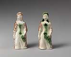 Pair of standing women, Style of Whieldon type, Lead-glazed earthenware, British, Staffordshire