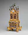 Miniature secretary incorporating a watch, James Cox (British, ca. 1723–1800), Case: agate, with gold mounts, gilded brass, pearls, and paste jewels set in silver; Dial: white enamel; Movement: wheel balance and cock set with paste jewels, British, London