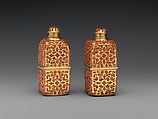 Pair of scent flasks, Gilt copper, coral, Italian, Sicily, possibly Palermo