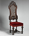 Chair (one of a set of six), Walnut, caning; velvet not original to frame, British