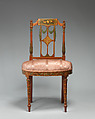 Side chair (one of a pair), West Indian satinwood, beech, birch, modern silk, British