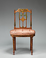 Side chair (one of a pair), West Indian satinwood, beech, birch, modern silk, British