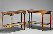 Pair of pier tables, Top: white oak; rear apron: ash; bottom shelf: mahogany; marble; gilt bronze, British