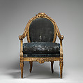 Armchair, Carved and gilded pearwood, blue velvet upholstery, British