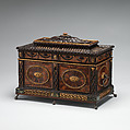 Tea chest, Mahogany and satinwood veneer, parcel gilt and inset with marble, British