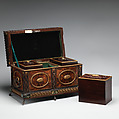 Tea chest, Mahogany and satinwood veneer, parcel gilt and inset with marble, British