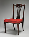 Side chair (one of a set of fourteen), Thomas Chippendale (British, baptised Otley, West Yorkshire 1718–1779 London), Mahogany, covered in modern red morocco leather, British