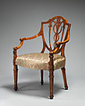 Pair of armchairs, West Indian satinwood, seat rails of beech, modern silk, British