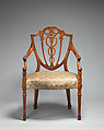 Pair of armchairs, West Indian satinwood, seat rails of beech, modern silk, British