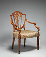 Pair of armchairs, West Indian satinwood, seat rails of beech, modern silk, British