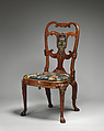 Pair of side chairs, Attributed to Thomas How (British, active 1710–33), Walnut and walnut veneer, parcel-gilt, the seat rails of beech; gilded lead mounts on the knees and front rail; verre églomisé panel mounted on the splat; covered in contemporary tent stitch embroidery on canvas needlework not original to the chair, British