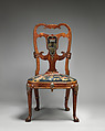 Pair of side chairs, Attributed to Thomas How (British, active 1710–33), Walnut and walnut veneer, parcel-gilt, the seat rails of beech; gilded lead mounts on the knees and front rail; verre églomisé panel mounted on the splat; covered in contemporary tent stitch embroidery on canvas needlework not original to the chair, British