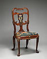 Pair of side chairs, Attributed to Thomas How (British, active 1710–33), Walnut and walnut veneer, parcel-gilt, the seat rails of beech; gilded lead mounts on the knees and front rail; verre églomisé panel mounted on the splat; covered in contemporary tent stitch embroidery on canvas needlework not original to the chair, British