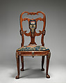 Pair of side chairs, Attributed to Thomas How (British, active 1710–33), Walnut and walnut veneer, parcel-gilt, the seat rails of beech; gilded lead mounts on the knees and front rail; verre églomisé panel mounted on the splat; covered in contemporary tent stitch embroidery on canvas needlework not original to the chair, British