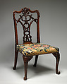 Side Chair (one of a pair), After a design by Thomas Chippendale (British, baptised Otley, West Yorkshire 1718–1779 London), Mahogany; tent stitch embroidery on canvas, British