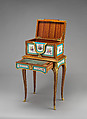 Jewel coffer on stand (petit coffre à bijoux), Attributed to Martin Carlin (French, near Freiburg im Breisgau ca. 1730–1785 Paris), Oak veneered with tulipwood, sycamore, holly, and ebonized holly; gilt bronze, soft-paste porcelain, velvet (not original), French, Sèvres