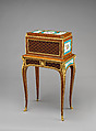 Jewel coffer on stand (petit coffre à bijoux), Attributed to Martin Carlin (French, near Freiburg im Breisgau ca. 1730–1785 Paris), Oak veneered with tulipwood, sycamore, holly, and ebonized holly; gilt bronze, soft-paste porcelain, velvet (not original), French, Sèvres