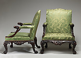 Armchair (one of a pair), Mahogany; upholstered with modern damask, British