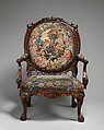 Armchair (one of four), Tapestry probably woven at Royal Manufactory Beauvais 1664-1789, Mahogany; wool and silk (18-21 warps per inch, 7-9 per centimeter), British and French, probably Beauvais