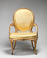 Pair of armchairs (part of a set), Carved and gilt beech, moiré silk not original to the frames, British