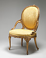 Pair of armchairs (part of a set), Carved and gilt beech, moiré silk not original to the frames, British