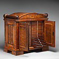 Medal cabinet, George Bullock (British, ca. 1782–1818), Mahogany, oak, pine, holly; marquetry and veneer of figured oak and holly; ebony and ebonized wood; ivory; silk velvet, British, London