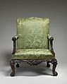 Armchair (one of a pair), Mahogany; upholstered with modern damask, British