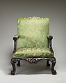Armchair (one of a pair), Mahogany; upholstered with modern damask, British