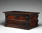 Document box, Walnut and other woods, iron, block printed paper, British