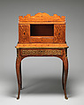 Small desk, Satinwood, purpleheart, padouk and other marquetry woods on oak substrate; mahogany interior; brass mounts; leather-lined writing surface, British