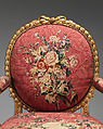 Armchair (one of a set of six), John Mayhew (British, 1736–1811), Gilded fruitwood; wool, silk (22-24 warps per inch, 9-10 per centimeter), British and French