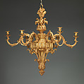 Six-branch chandelier (one of a pair), Gilded wood, gesso, gilt-bronze candle sockets, British