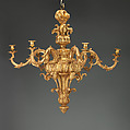 Six-branch chandelier (one of a pair), Gilded wood, gesso, gilt-bronze candle sockets, British