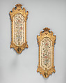 Pair of wall sconces, Gilt gesso on pine, gilt bronze and silk embroidery, British