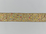 Torah binder, Possibly by Miriam Foa (probably Italian, first half of 17th century), Silk embroidery on linen textile, lace edging, woven silk backing, Italian