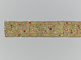 Torah binder, Possibly by Miriam Foa (probably Italian, first half of 17th century), Silk embroidery on linen textile, lace edging, woven silk backing, Italian