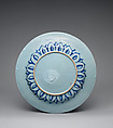 Dish with a Landscape, Jacopo da Pesaro (Italian, active Venice, 1507–ca. 1550), Tin-glazed earthenware painted with dark blue and white highlights on light blue berettino ground, Italian, Venice