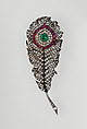 Peacock feather brooch, Silver, diamonds, rubies, emeralds, gold, European
