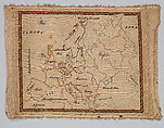 Embroidered map sampler, Wool and silk on cotton canvas, British