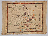 Embroidered map sampler, Wool and silk on cotton canvas, British