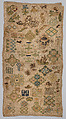 Embroidered spot sampler, Silk and metal thread on linen, British