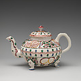 Footed teapot, Salt-glazed stoneware with enamel decoration, British, Staffordshire