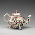 Footed teapot, Salt-glazed stoneware with enamel decoration, British, Staffordshire