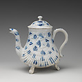 Footed teapot, Salt-glazed stoneware with underglaze blue, British, Staffordshire